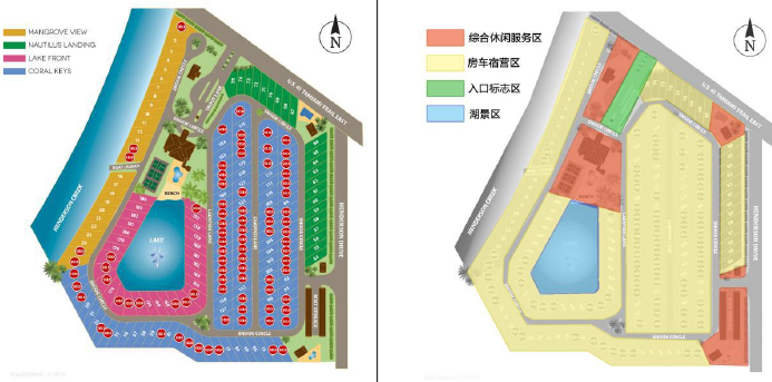 美国 MOTORCOACH RESORT 营地总体规划(左)及功能分区图(右) 美国 MOTORCOACH RESORT 营地总体规划(左)及功能分区图(右)