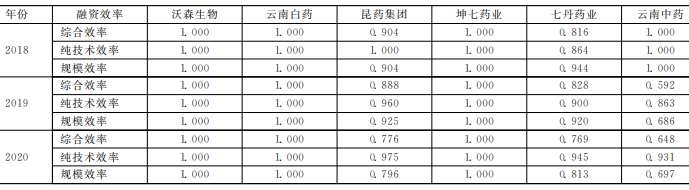 2018-2020年云南生物医药产业上市企业的融资效率 2018-2020年云南生物医药产业上市企业的融资效率