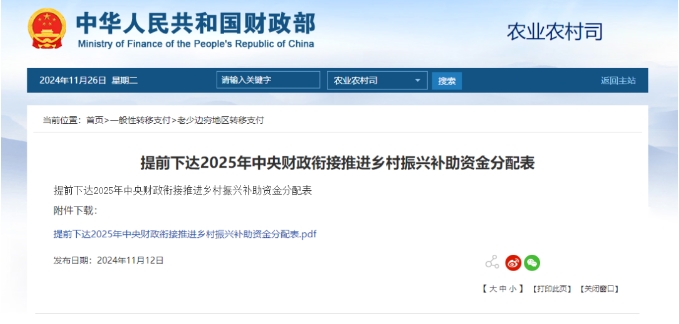 提前下达2025年中央财政衔接推进乡村振兴补助资金 提前下达2025年中央财政衔接推进乡村振兴补助资金