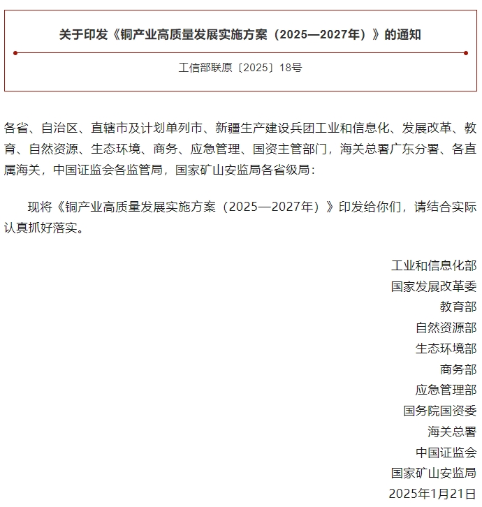 工信部等11部门联合印发《铜产业高质量发展实施方案(2025—2027年)》 工信部等11部门联合印发《铜产业高质量发展实施方案(2025—2027年)》